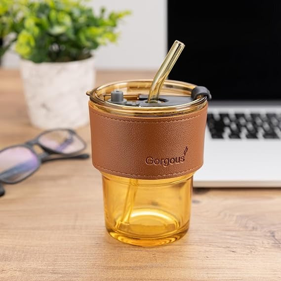 Mug with Straw/Lid/Leather Protective Sleeve, Wide Mouth Smoothies Cup Leakproof Cups, for Iced Coffee Juices Article No 1279 S 130