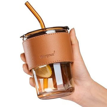 Mug with Straw/Lid/Leather Protective Sleeve, Wide Mouth Smoothies Cup Leakproof Cups, for Iced Coffee Juices Article No 1279 S 130