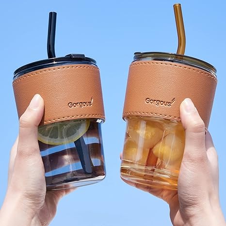 Mug with Straw/Lid/Leather Protective Sleeve, Wide Mouth Smoothies Cup Leakproof Cups, for Iced Coffee Juices Article No 1279 S 130