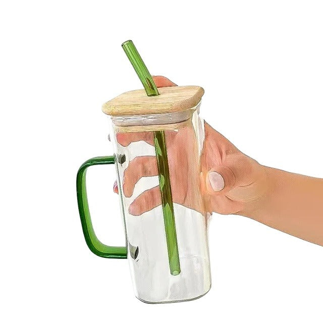 385 ml Lightweight, Heat-Proof Glass Tumbler with Straw & Handle - Eco-Friendly Lid - Perfect for Coffee, Tea, Juice Article No 687 S 175