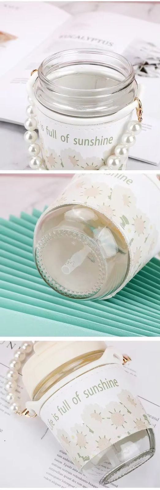 New Ins Pearl Bracelet High-color Value Fresh Double Drinking Glass Water Cup Large Capacity Portable Glass Cup for Girls Article No 1637 S 170