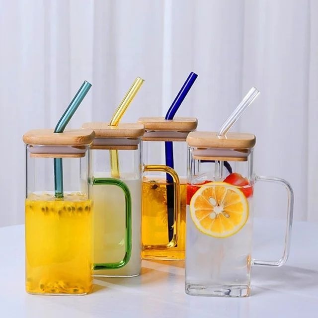 385 ml Lightweight, Heat-Proof Glass Tumbler with Straw & Handle - Eco-Friendly Lid - Perfect for Coffee, Tea, Juice Article No 687 S 175