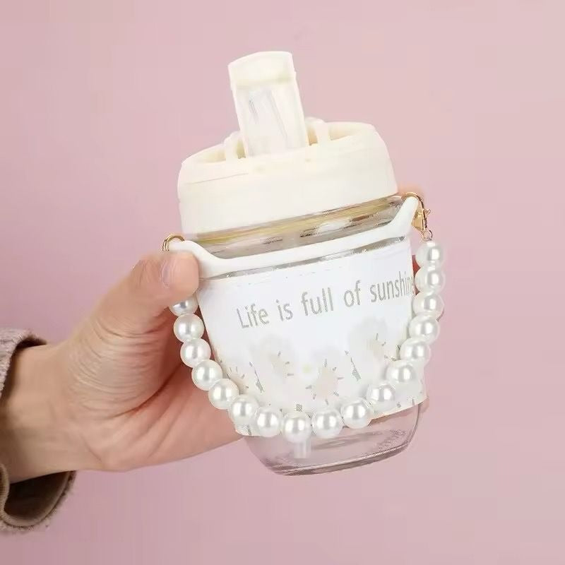 New Ins Pearl Bracelet High-color Value Fresh Double Drinking Glass Water Cup Large Capacity Portable Glass Cup for Girls Article No 1637 S 170