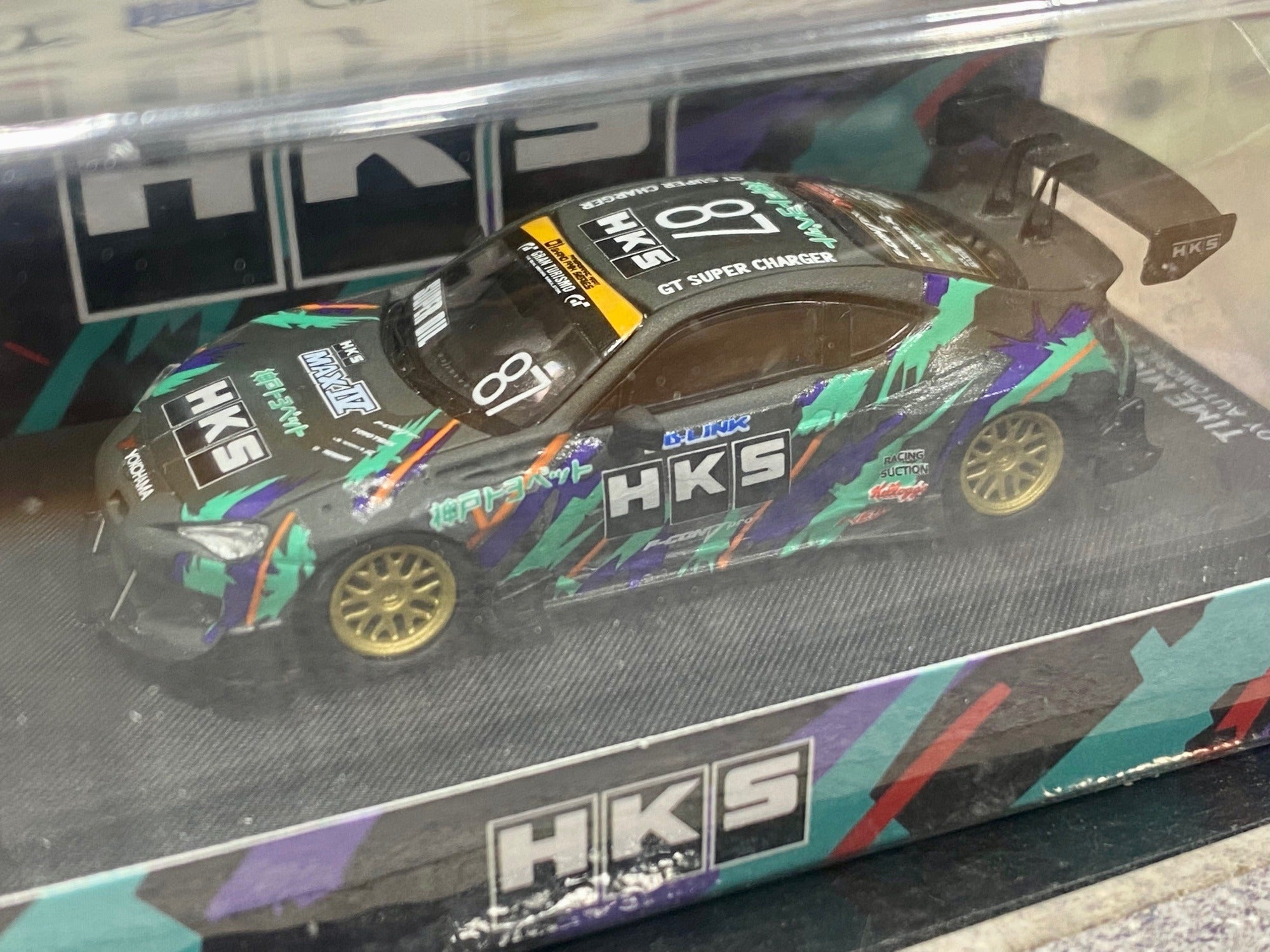 Time Micro (Limited Edition 735/999) X Aurora Model HKS Toyota GT-86 With Roof Cargo & set of 4 Tires in Acrylic Display Case with safe box sealed unit Diecast Matel Car Toy Article No 3087 S 675