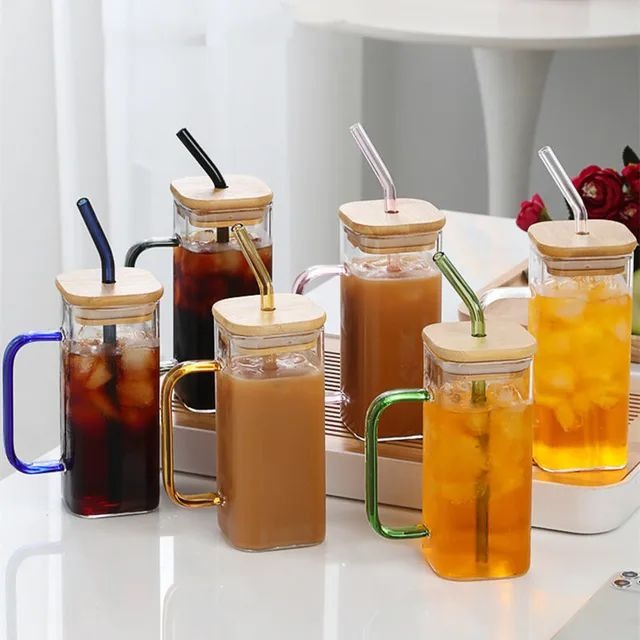 385 ml Lightweight, Heat-Proof Glass Tumbler with Straw & Handle - Eco-Friendly Lid - Perfect for Coffee, Tea, Juice Article No 687 S 175