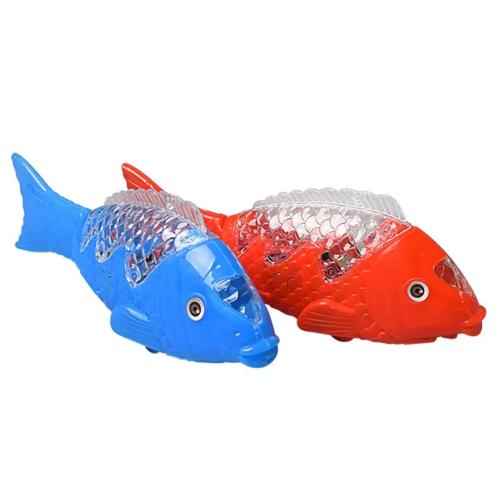 Two toy fish, one blue and one red, on a white background