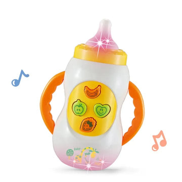 Toy baby bottle with colorful design and musical notes on a white background