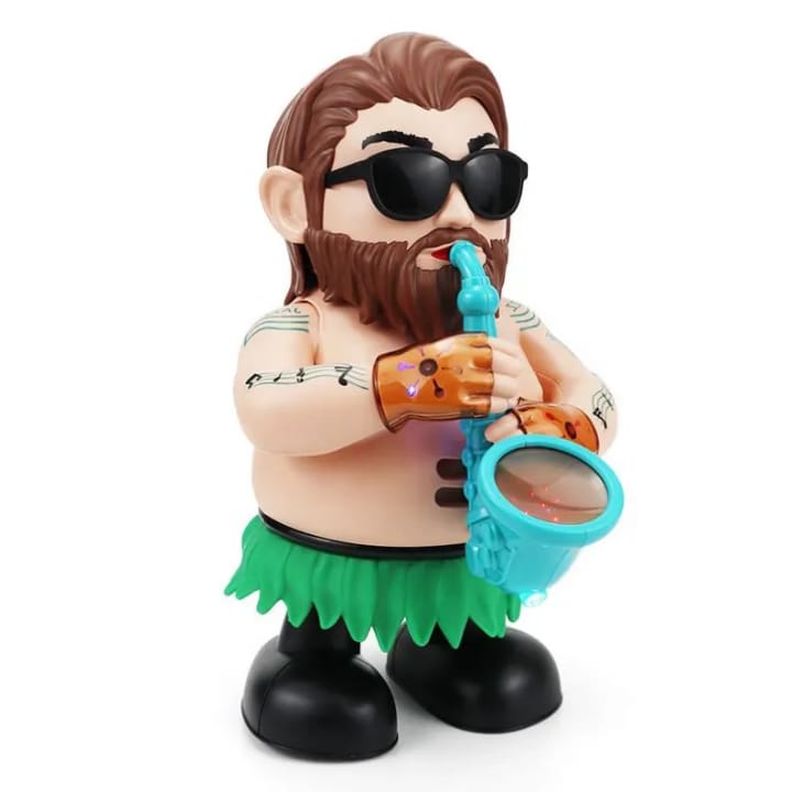 Toy figure of a character with sunglasses, hula skirt, and saxophone on a white background