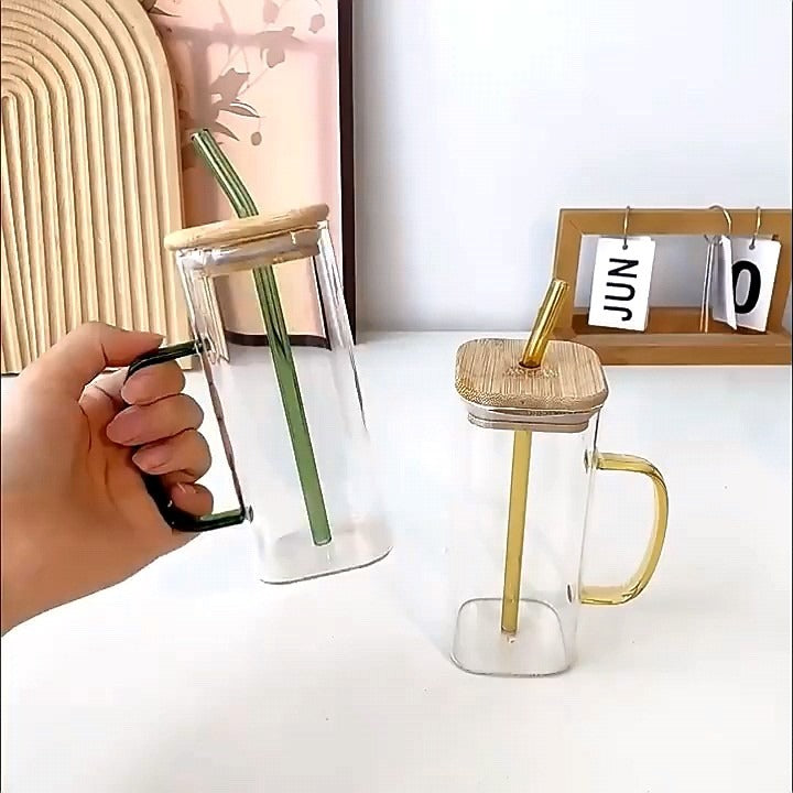 385 ml Lightweight, Heat-Proof Glass Tumbler with Straw & Handle - Eco-Friendly Lid - Perfect for Coffee, Tea, Juice Article No 687 S 175