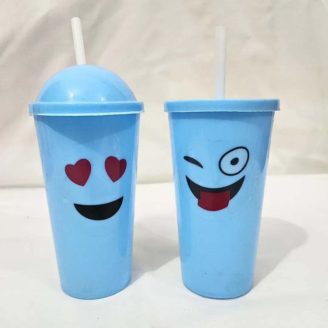 Pair of Smily Juice Glass | Emoji Water Glass for kids | 2 Glasses with Lid and Straw Article No 10 S110