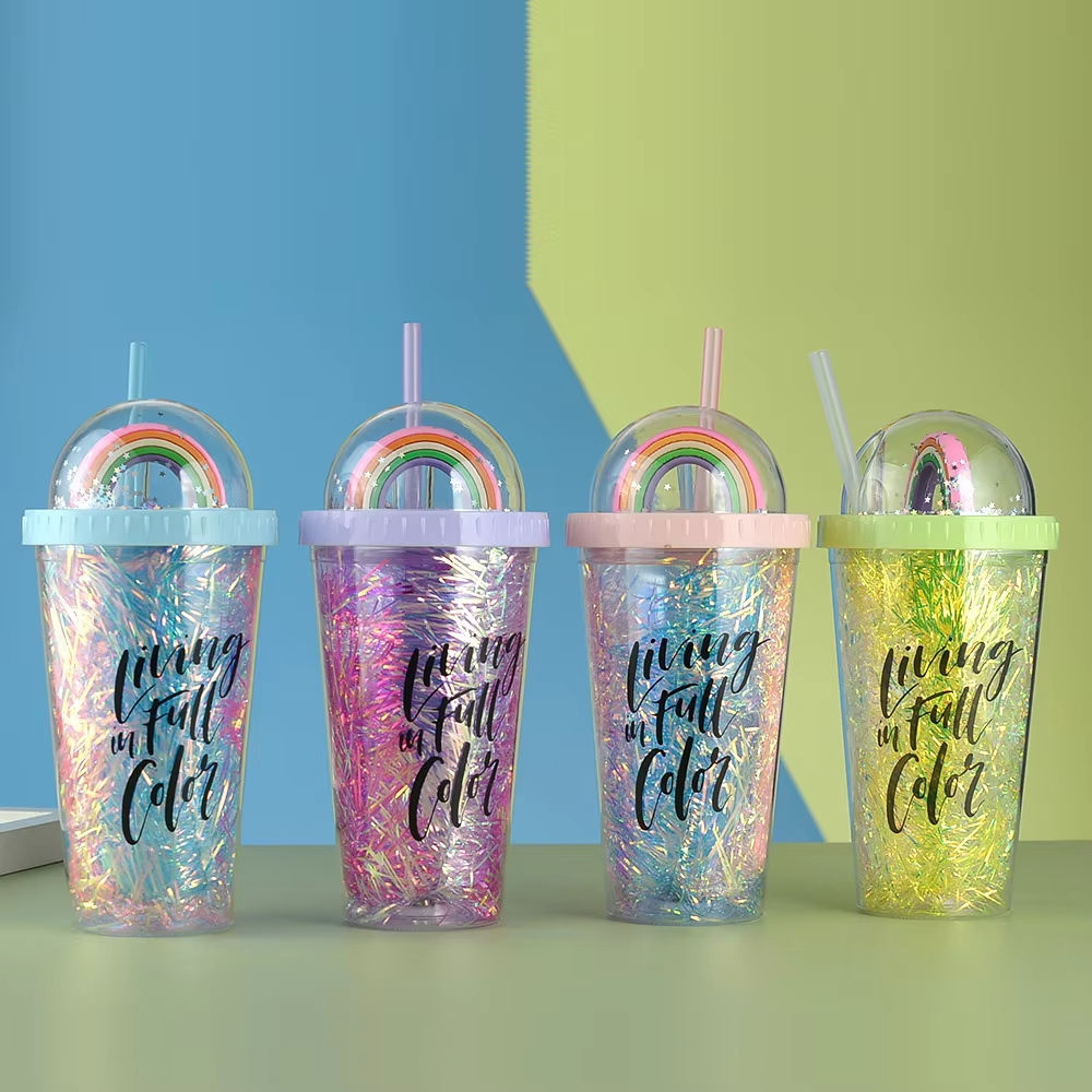 450ml Double-Layer PC Straw Cup Modern Simple Colorful Gold Thread High-Value Eco-Friendly Creative Student Party Water Cup Article No 4093 S545