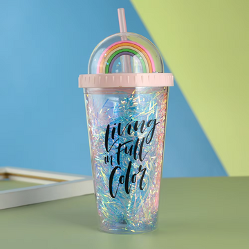 450ml Double-Layer PC Straw Cup Modern Simple Colorful Gold Thread High-Value Eco-Friendly Creative Student Party Water Cup Article No 4093 S545