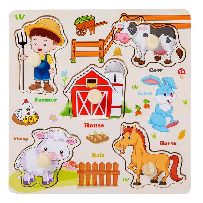 Wooden Cartoon Vehicle Animals Fruits Pegged Puzzles  Article No 3606       S97