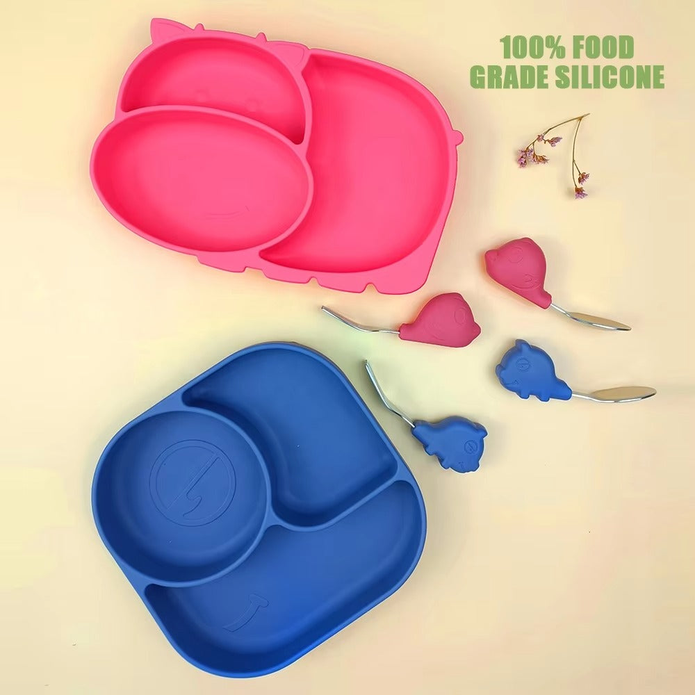 Silicone Bebe Feeding Set Suction Plate BPA Free 100% Food Grade Anti-Fall Dining Plates Toddler Silicone Tableware Kit RTSArticle No 4706     S65