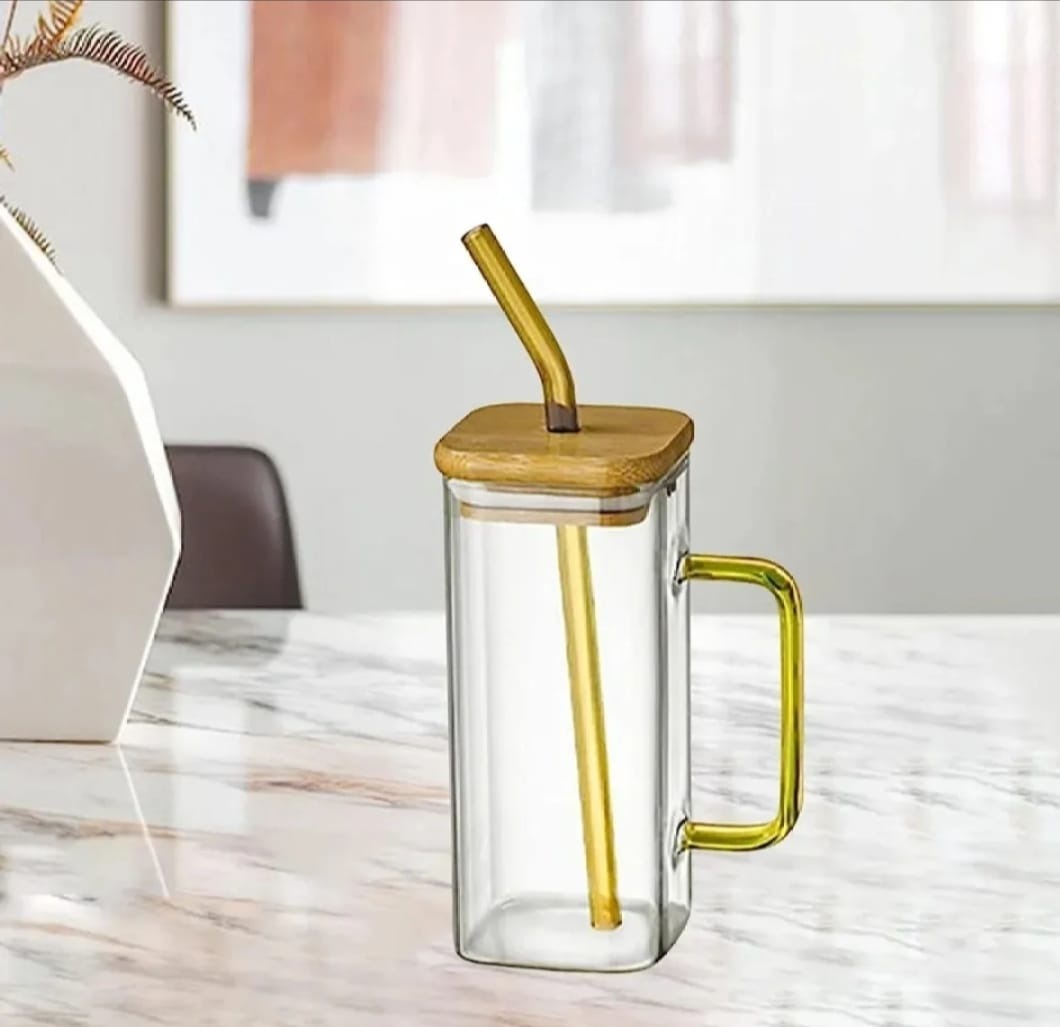 Square Glass Mug 400ml With Lid and Straw Breakfast Milk Cup Microwave Safe Transparent Coffee Mug Drinkware Glass