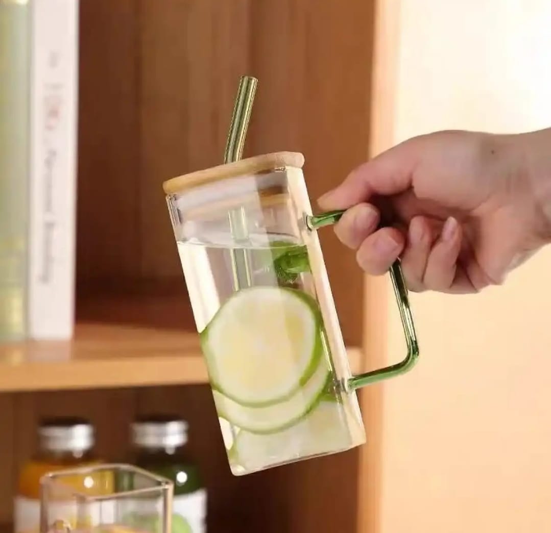 Square Glass Mug 400ml With Lid and Straw Breakfast Milk Cup Microwave Safe Transparent Coffee Mug Drinkware Glass