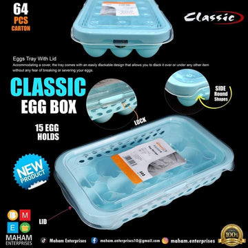 Classic Eggs Tray with Lid - capacity 15 egg - Pure High Quality plastic eggs tray Article No 4590 S100