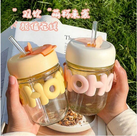 2 Way Drinking HOHO Aesthetic Glass Cup - Straw Tumbler Glass Drinking Bottle 350ml - Leak-Proof Travel Cup - Ideal for Coffee, Tea, and More with a Stylish Touch By Aura Mart