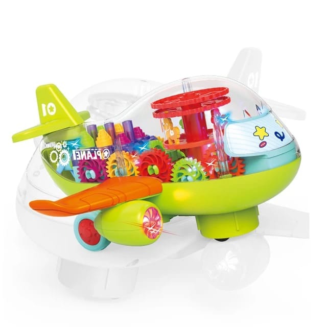Transparent Rotating Mechanical Gear Plane Toy with Music Light Luminous Flashing Electric Toy Educational Gifts for Kids Article No 595