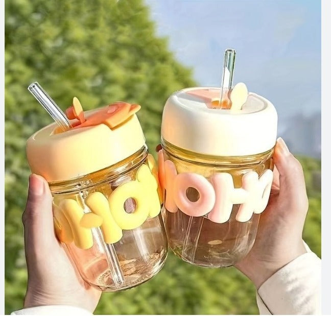 2 Way Drinking HOHO Aesthetic Glass Cup - Straw Tumbler Glass Drinking Bottle 350ml - Leak-Proof Travel Cup - Ideal for Coffee, Tea, and More with a Stylish Touch By Aura Mart