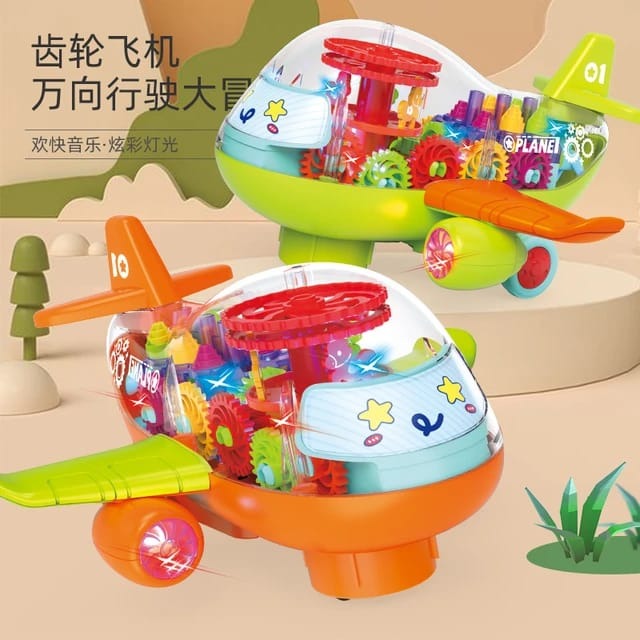 Transparent Rotating Mechanical Gear Plane Toy with Music Light Luminous Flashing Electric Toy Educational Gifts for Kids Article No 595