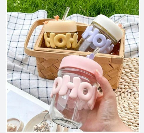 2 Way Drinking HOHO Aesthetic Glass Cup - Straw Tumbler Glass Drinking Bottle 350ml - Leak-Proof Travel Cup - Ideal for Coffee, Tea, and More with a Stylish Touch By Aura Mart