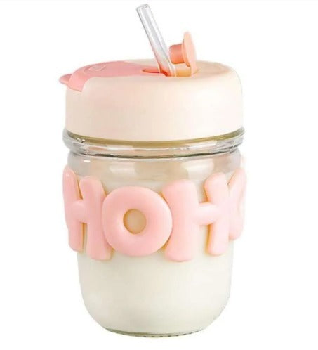 2 Way Drinking HOHO Aesthetic Glass Cup - Straw Tumbler Glass Drinking Bottle 350ml - Leak-Proof Travel Cup - Ideal for Coffee, Tea, and More with a Stylish Touch By Aura Mart