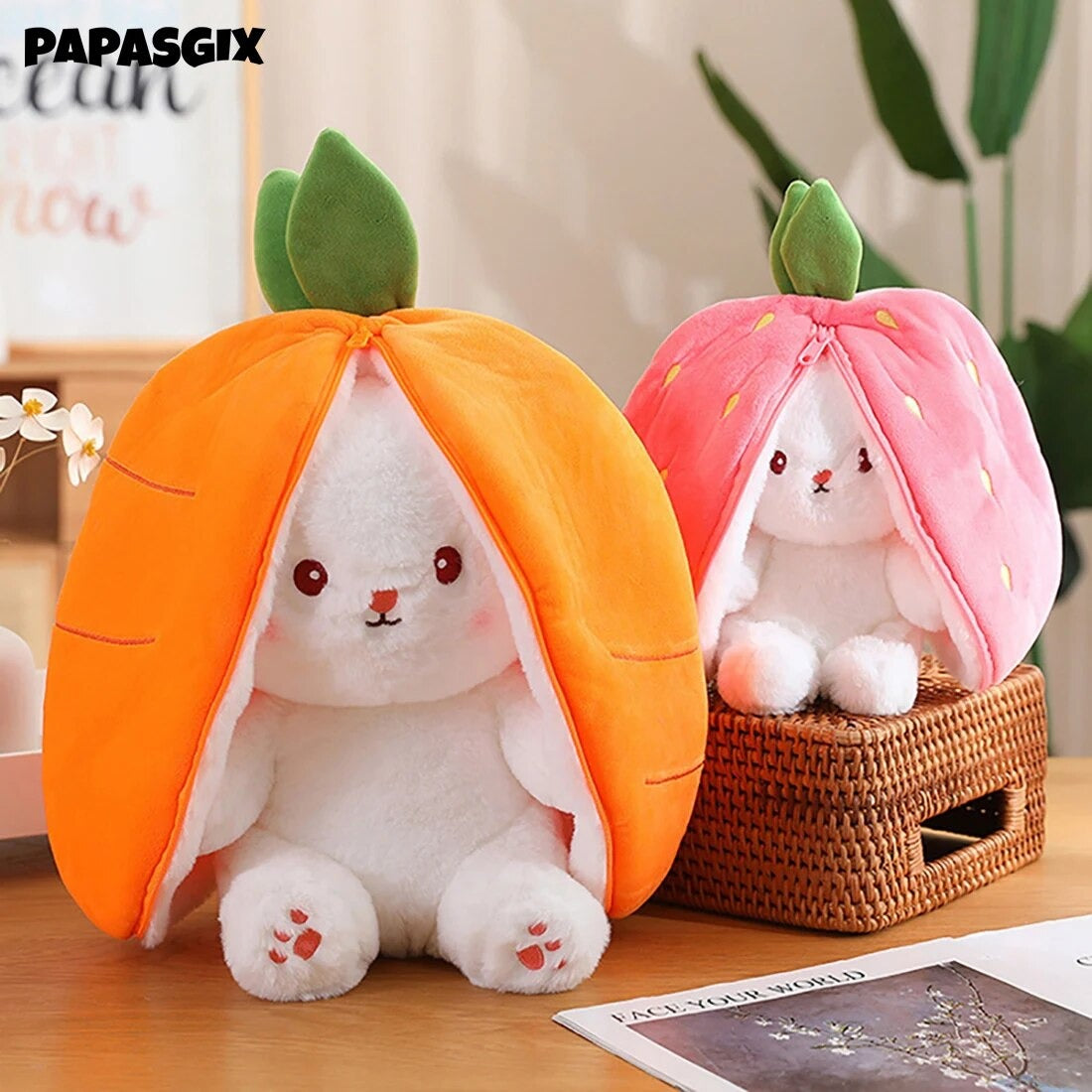 JIUshop CGGJNUOH 18/25cm Creative Funny Doll Carrot Rabbit Plush Toy Stuffed Soft Bunny Hiding in Strawberry Bag Toys for Kids Birthday Gifts