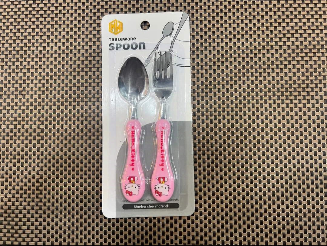 Kid's Cute Cartoon Character 2 Pcs Stainless Steel, Non-Toxic Spoon and Fork Cutlery Set | Small Size to Hold and Learn to Eat(Multicolor)Article No 6547        S60