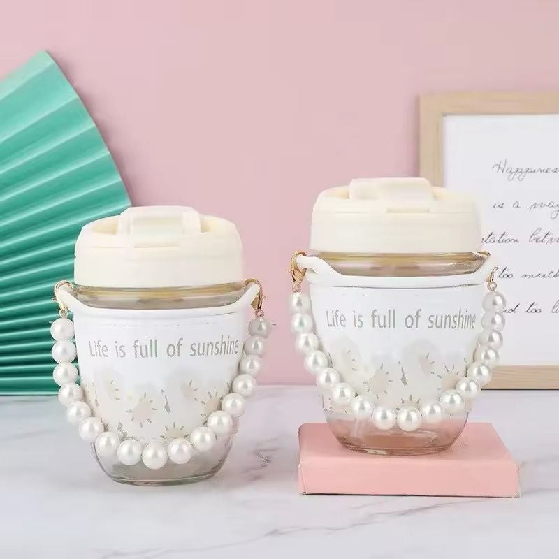 New Ins Pearl Bracelet High-color Value Fresh Double Drinking Glass Water Cup Large Capacity Portable Glass Cup for Girls 999