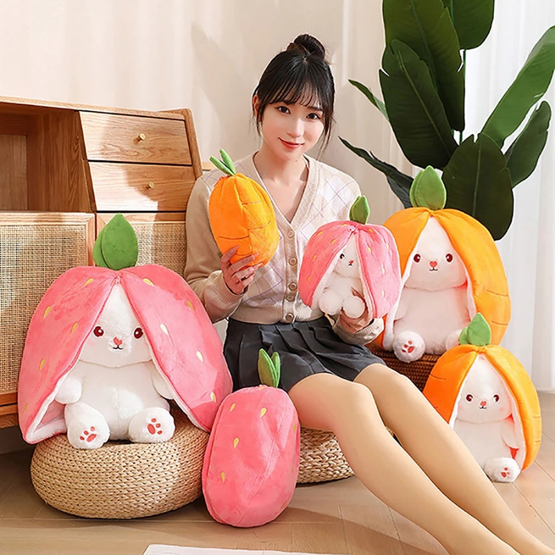 JIUshop CGGJNUOH 18/25cm Creative Funny Doll Carrot Rabbit Plush Toy Stuffed Soft Bunny Hiding in Strawberry Bag Toys for Kids Birthday Gifts