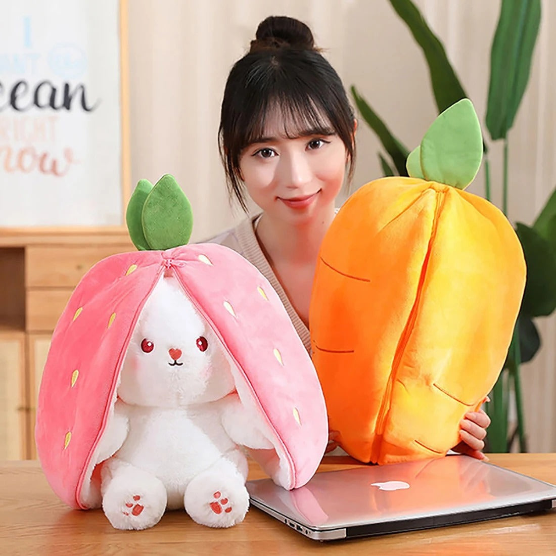 JIUshop CGGJNUOH 18/25cm Creative Funny Doll Carrot Rabbit Plush Toy Stuffed Soft Bunny Hiding in Strawberry Bag Toys for Kids Birthday Gifts