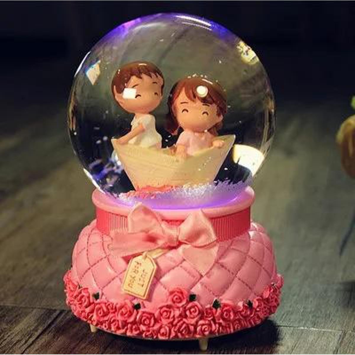 Rose Couple Boat Snow Globe Glass Crystal Ball Music Box Home Article on 4825 S145