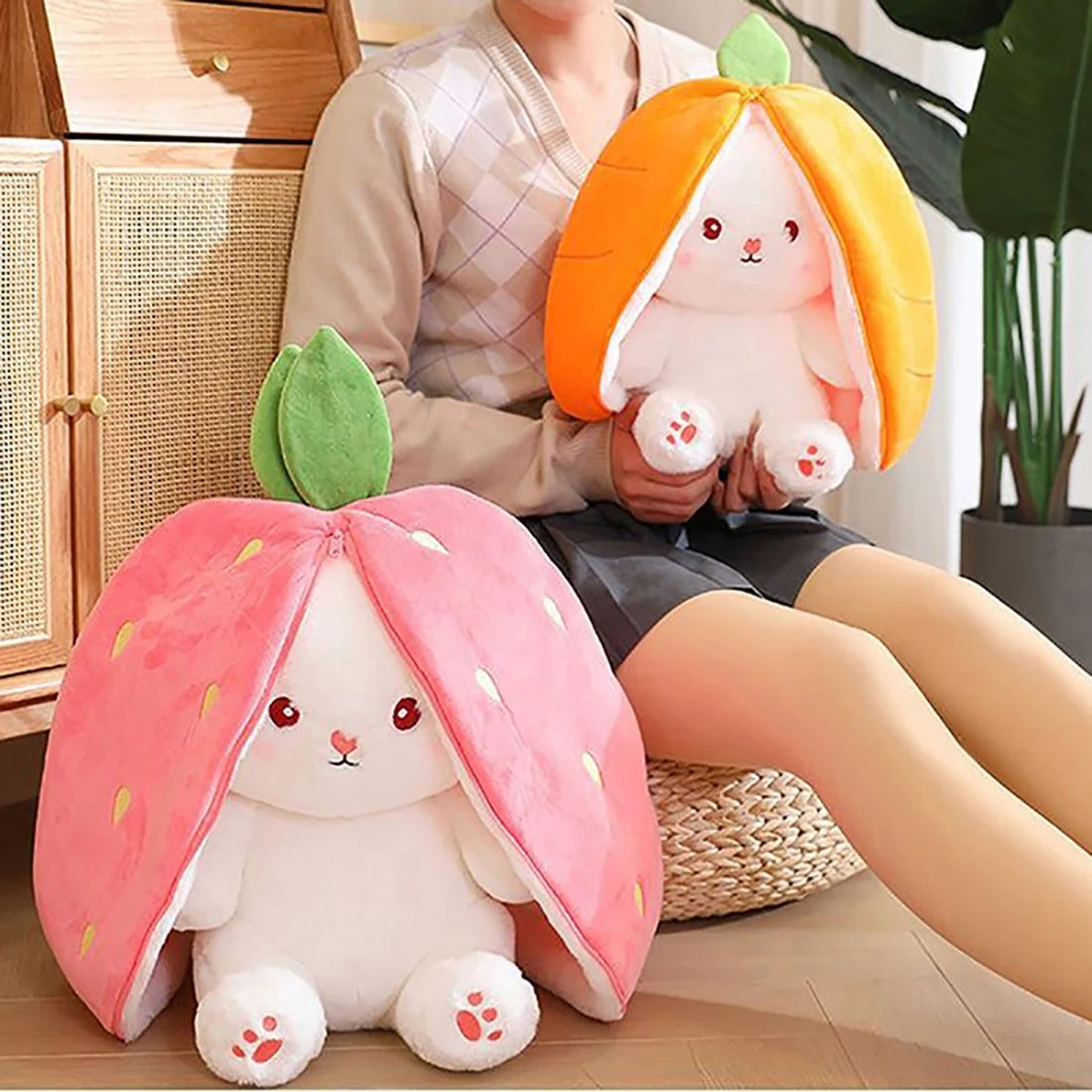 JIUshop CGGJNUOH 18/25cm Creative Funny Doll Carrot Rabbit Plush Toy Stuffed Soft Bunny Hiding in Strawberry Bag Toys for Kids Birthday Gifts