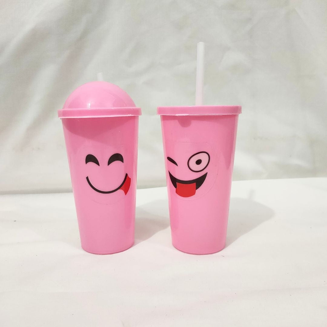 Pair of Smily Juice Glass | Emoji Water Glass for kids | 2 Glasses with Lid and Straw Article No 10 S110