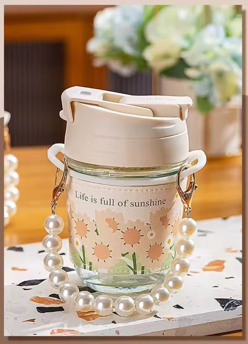New Ins Pearl Bracelet High-color Value Fresh Double Drinking Glass Water Cup Large Capacity Portable Glass Cup for Girls 999