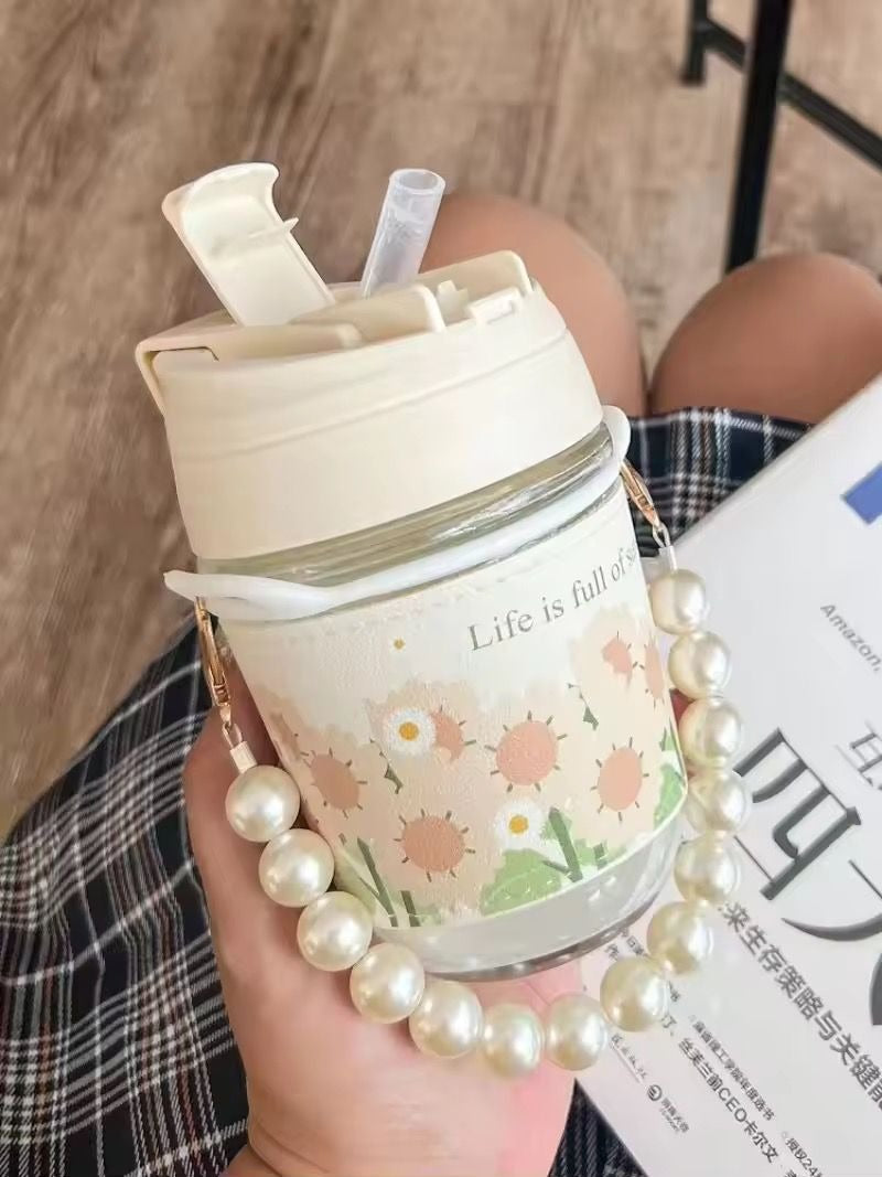 New Ins Pearl Bracelet High-color Value Fresh Double Drinking Glass Water Cup Large Capacity Portable Glass Cup for Girls 999