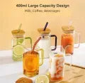 Square Glass Mug 400ml With Lid and Straw Breakfast Milk Cup Microwave Safe Transparent Coffee Mug Drinkware Glass