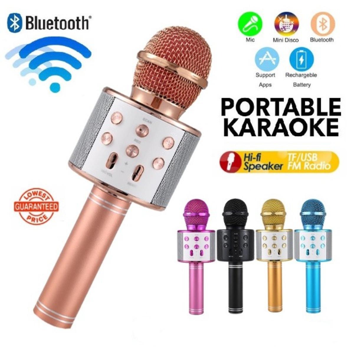 WS 858 Portable Rechargeable Wireless Bluetooth Microphone & HiFi Speaker KTV Handheld Karaoke Singing Mic For Kids & Adults Best For Birthday Gift Home Party Indoor Outdoor Entertainment Song and Naat Singing Wireless Mic