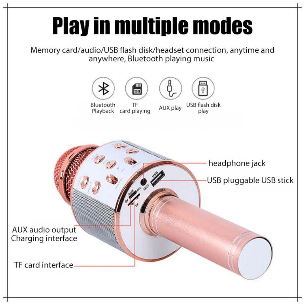 WS 858 Portable Rechargeable Wireless Bluetooth Microphone & HiFi Speaker KTV Handheld Karaoke Singing Mic For Kids & Adults Best For Birthday Gift Home Party Indoor Outdoor Entertainment Song and Naat Singing Wireless Mic