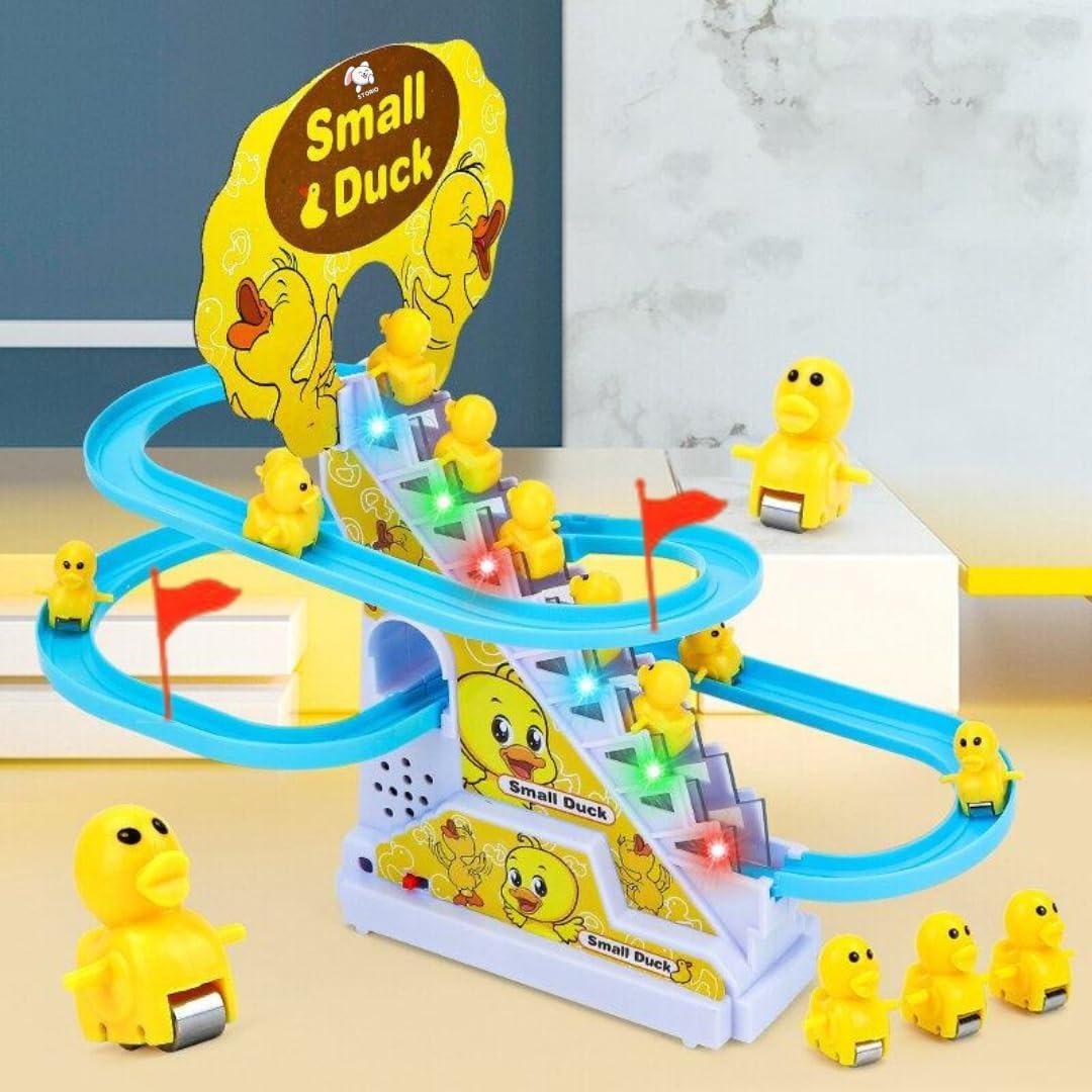 Duck Slide Track Racing Toys for Kids - Sliding Cartoon Stair Climbing Toys for Kids, Escalator Toy with Lights and Music - educational learning toddlers
