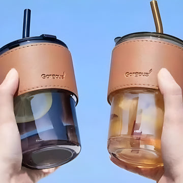 400ML Coffee Cup Creative High-Value Portable Glass Coffee Cup With Straw and Lid Iced Tea Cup Thicken Wall Insulated Glass Cup with Protect Sleeve