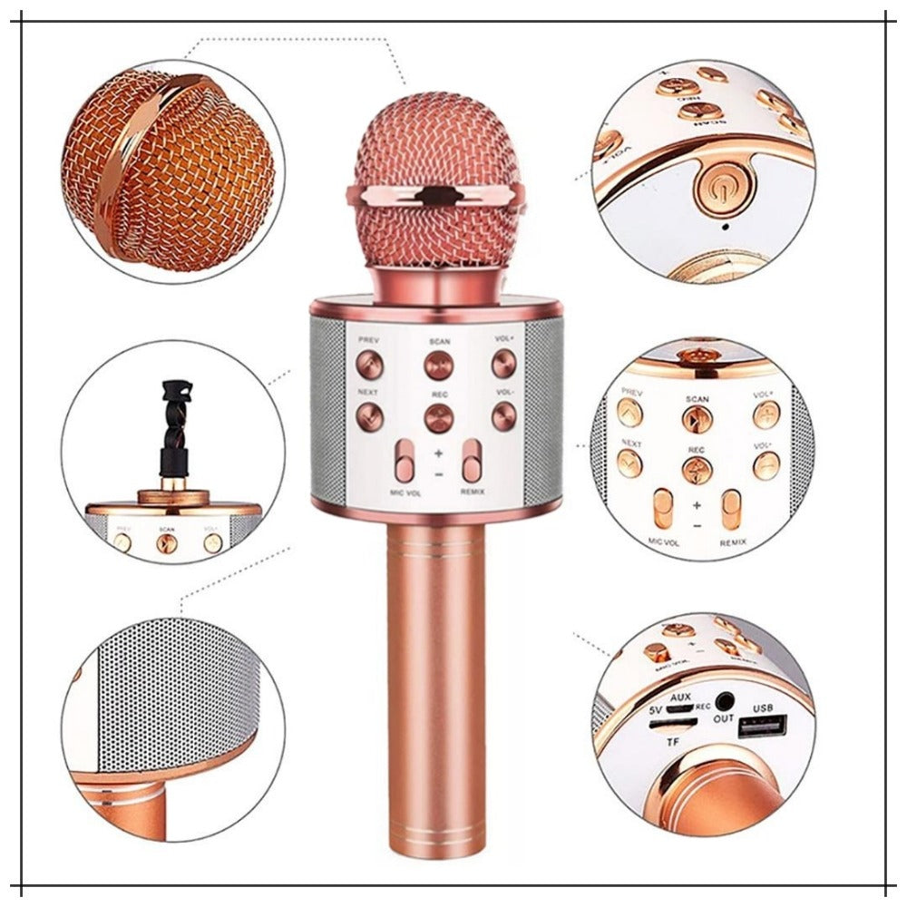 WS 858 Portable Rechargeable Wireless Bluetooth Microphone & HiFi Speaker KTV Handheld Karaoke Singing Mic For Kids & Adults Best For Birthday Gift Home Party Indoor Outdoor Entertainment Song and Naat Singing Wireless Mic