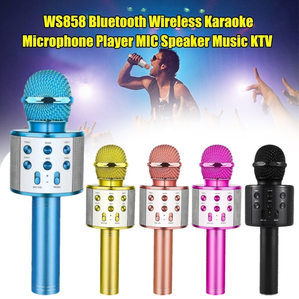 WS 858 Portable Rechargeable Wireless Bluetooth Microphone & HiFi Speaker KTV Handheld Karaoke Singing Mic For Kids & Adults Best For Birthday Gift Home Party Indoor Outdoor Entertainment Song and Naat Singing Wireless Mic
