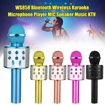 WS 858 Portable Rechargeable Wireless Bluetooth Microphone & HiFi Speaker KTV Handheld Karaoke Singing Mic For Kids & Adults Best For Birthday Gift Home Party Indoor Outdoor Entertainment Song and Naat Singing Wireless Mic