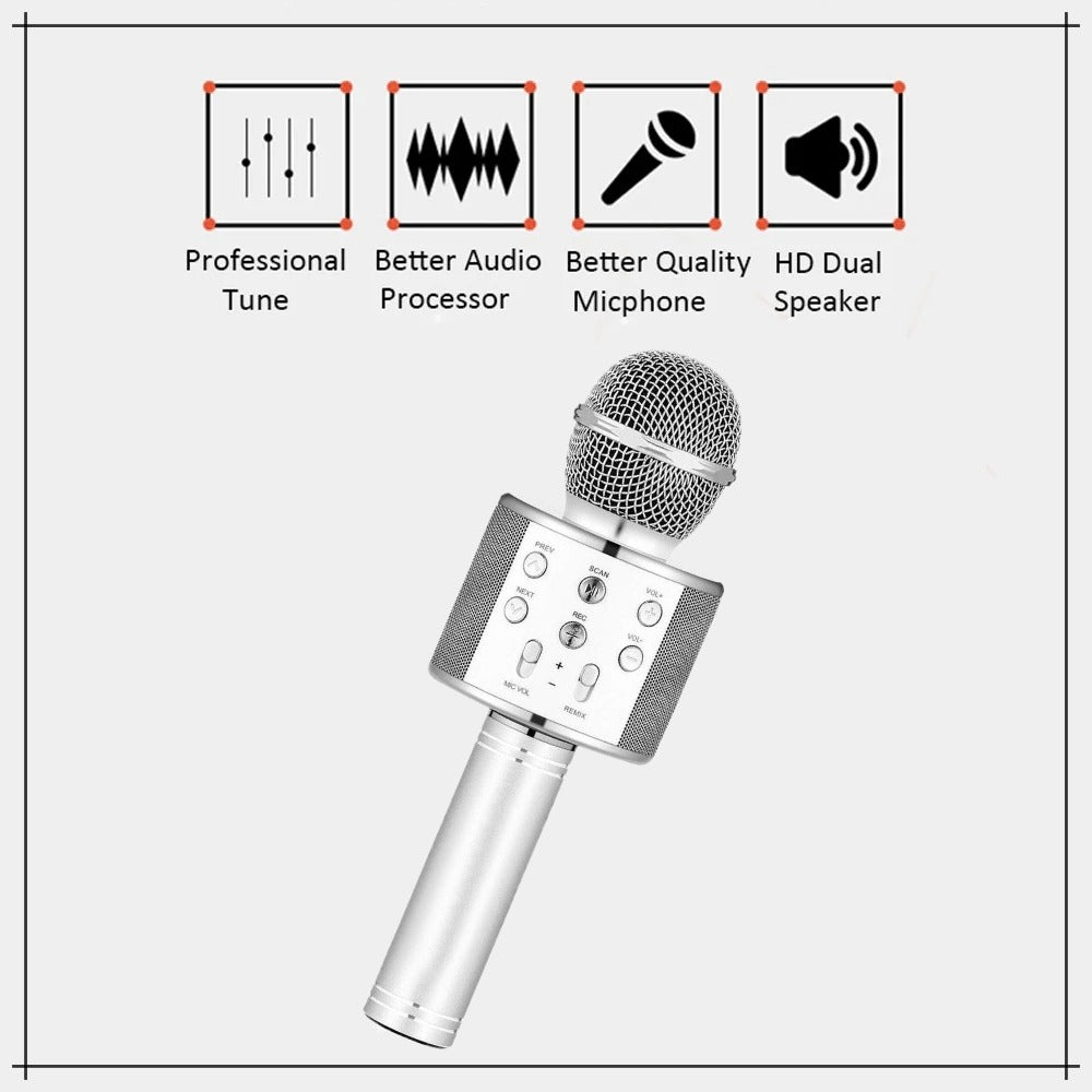 WS 858 Portable Rechargeable Wireless Bluetooth Microphone & HiFi Speaker KTV Handheld Karaoke Singing Mic For Kids & Adults Best For Birthday Gift Home Party Indoor Outdoor Entertainment Song and Naat Singing Wireless Mic
