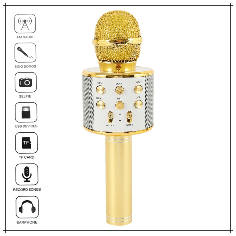 WS 858 Portable Rechargeable Wireless Bluetooth Microphone & HiFi Speaker KTV Handheld Karaoke Singing Mic For Kids & Adults Best For Birthday Gift Home Party Indoor Outdoor Entertainment Song and Naat Singing Wireless Mic