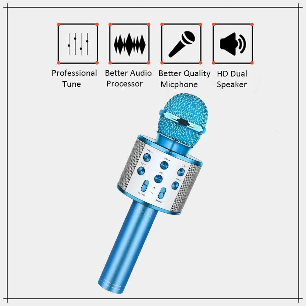 WS 858 Portable Rechargeable Wireless Bluetooth Microphone & HiFi Speaker KTV Handheld Karaoke Singing Mic For Kids & Adults Best For Birthday Gift Home Party Indoor Outdoor Entertainment Song and Naat Singing Wireless Mic