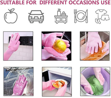 1 Pair Magic Dishwashing Silicone Gloves, Pink Reusable Cleaning Brush, Sponge,Article No 955      S125