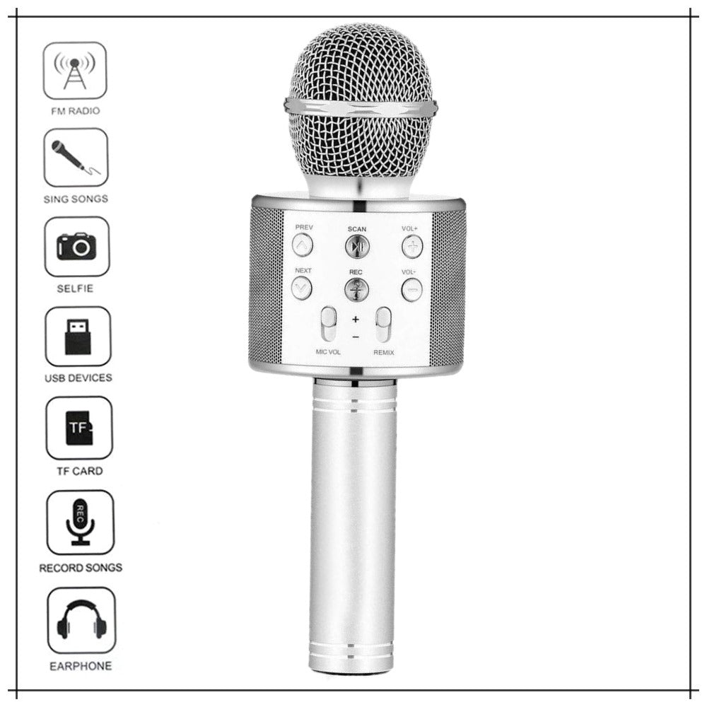 WS 858 Portable Rechargeable Wireless Bluetooth Microphone & HiFi Speaker KTV Handheld Karaoke Singing Mic For Kids & Adults Best For Birthday Gift Home Party Indoor Outdoor Entertainment Song and Naat Singing Wireless Mic